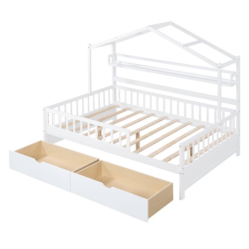Full Size House Bed with 2 Drawers and Shelf, Sturdy Wooden Frame for Kids Play and Sleep