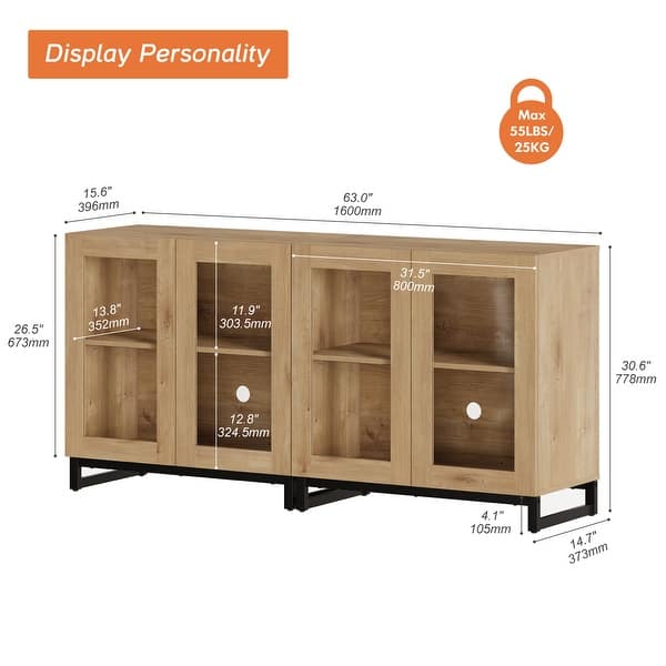 dimension image slide 9 of 10, WAMPAT Multifunctional Sideboard Buffet Cabinets with Glass Doors, Modern Sideboard with Adjustable Shelf, Coffee Bar Cabinet