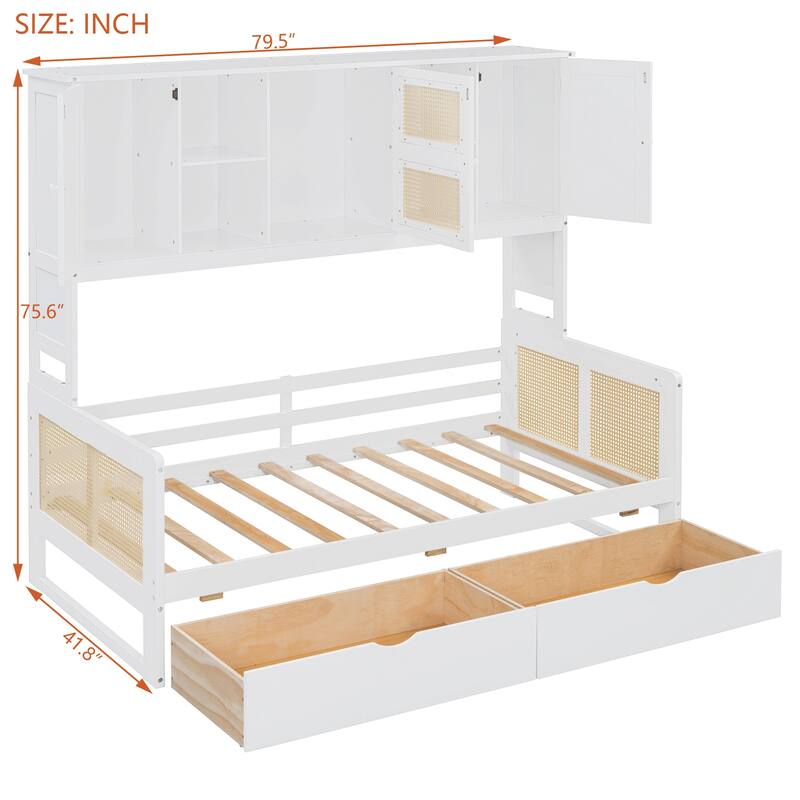 L-Shape Twin Size Daybed with Storage Cabinet and 2 Drawers, Bedroom Storage Bed Frame with Bookshelf, Wood Slats Support