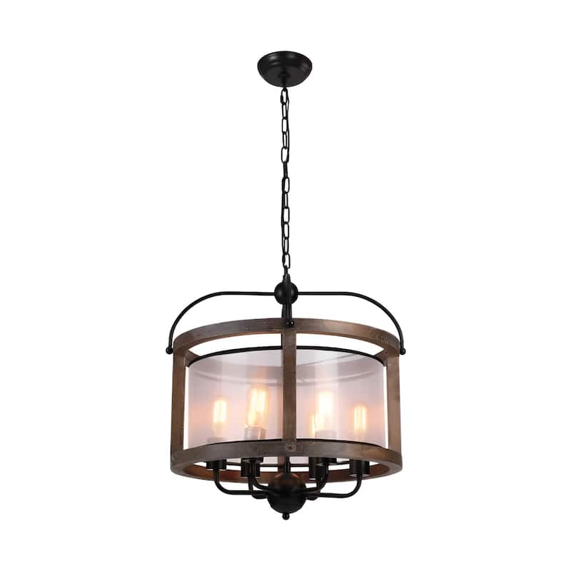 6 - Light Lantern Round Texture Drum Shade Wood Metal Frame Island Pendant Lamp Rustic