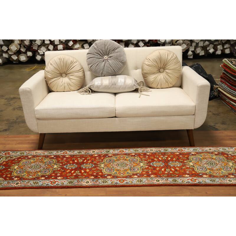 Hand Knotted Oriental 100% Wool Carpet Traditional Geometric Oranges & Rust Heriz (serapi) Runner Rug - 7' 11'' X 2' 0''