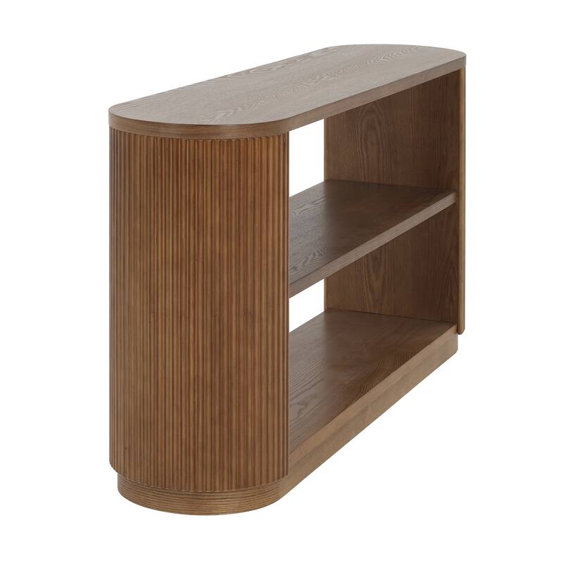 58.9" Wooden Entryway Console Table with Triple Tier Open Storage Shelves, Living Room Vertical Striped Sofa Table with Oval Top