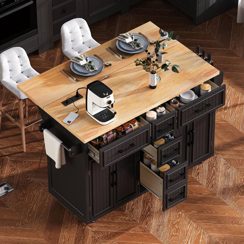 56.5" Embossed Vertical Stripe Kitchen Island with Drop Leaf, Power Outlet, 4 Doors, 5 Deep Drawers & Adjustable Shelves