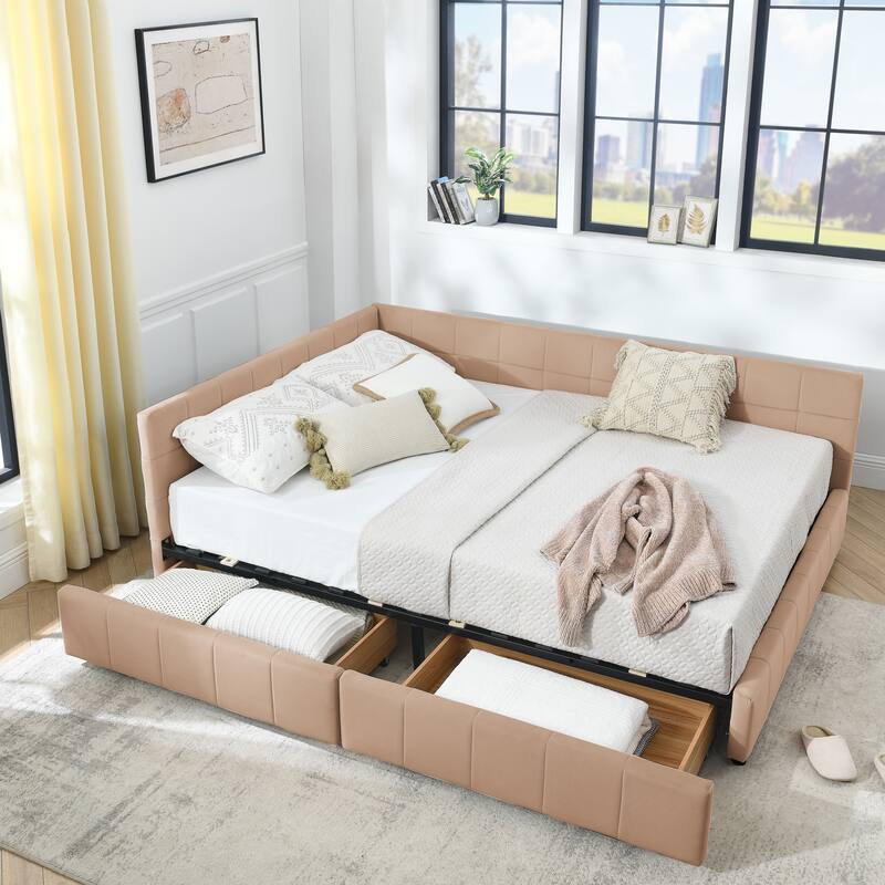 L-shaped Velvet Upholstered Daybed Tufted Sofa Bed with Soft Backrest Armrests - and Optional Corner Storage Day Bed - Pink with Drawers - Queen