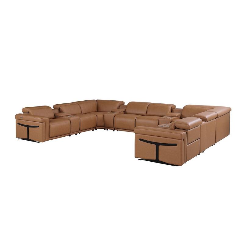 HomeRoots Chestnut Italian Leather Power Reclining U Shaped Twelve Piece Sectional With Console