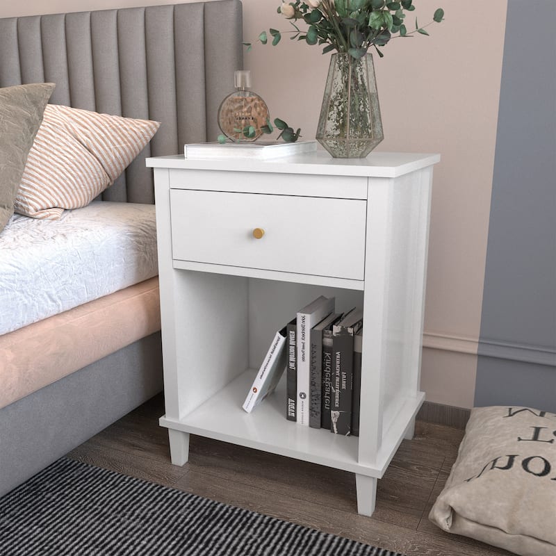 Anmytek White Nightstand with Drawer and Shelf Farmhouse Modern Bedside Table