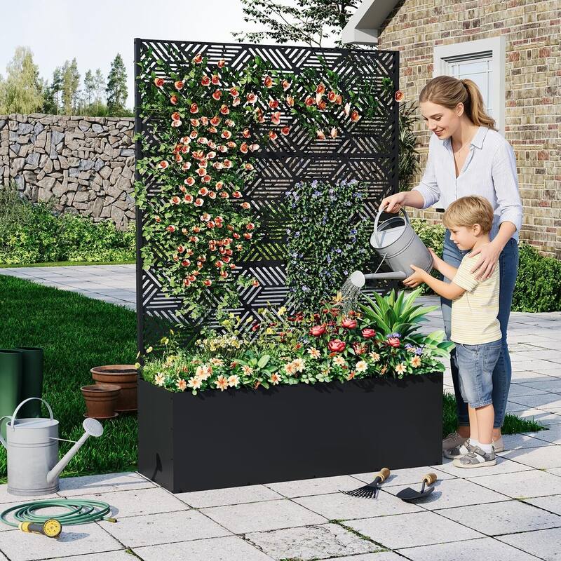 Metal Privacy Screen Planter Box, Raised Garden Bed for Climbing Plants, Veggies, Parallel Style