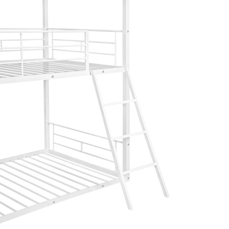 Twin Over Twin Bunk Bed Metal Bed with Half Roof, Guardrail and Ladder