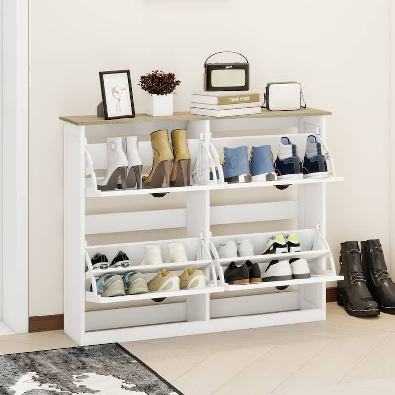 Anmytek Slim 4 Flip Drawer Shoe Storage Cabinet with Adjustable Shelves, Freestanding Entryway Shoe Organizer, White