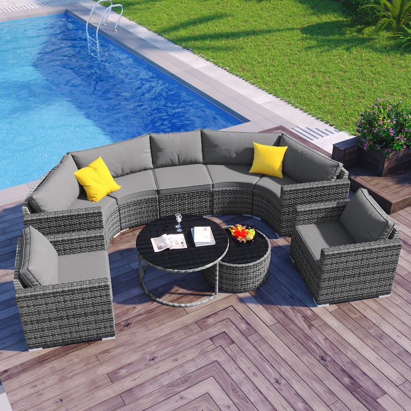 Modern 9-Piece Outdoor Round Sofa Set with Pillows and Cushions, Ideal for Patio, Courtyard, and Pool