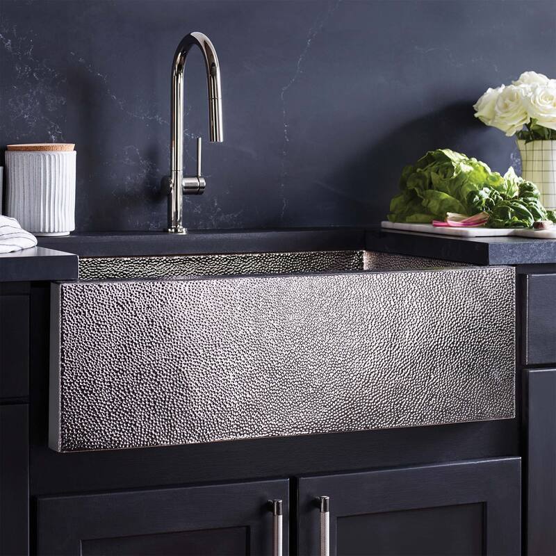 Pinnacle Hand-Hammered Copper 33-inch Farmhouse Kitchen Sink - 33 x 22 x 10.5 - Polished Nickel