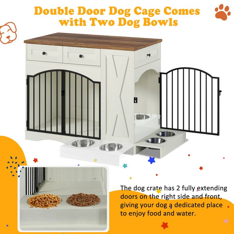 43.3" Farmhouse Dog Crate Furniture - Heavy Duty Indoor Wooden Kennel with 3 Drawers & Removable Feeder
