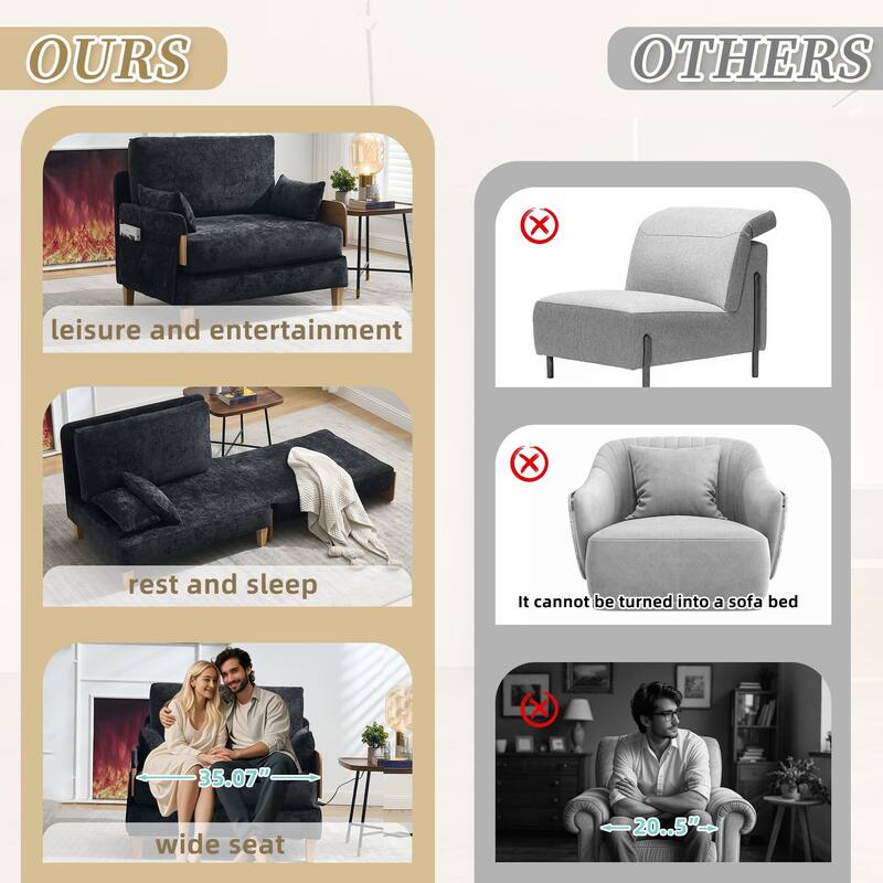 Convertible sofa bed, 3-in-1 convertible with 3 pillows