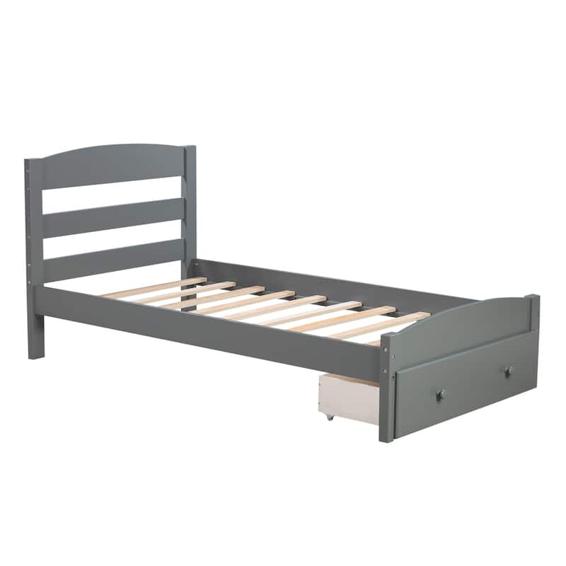 Twin Size Platform Bed Solid Pinewood Slat Bed Frame with Storage Drawer, Headboard and Wood Slat Support for Bedroom