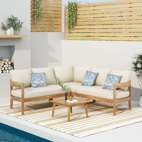 slide 3 of 15, Brooklyn Outdoor Acacia Wood 5 Seater Sectional Sofa Chat Set with Cushions by Christopher Knight Home Teak/ Beige