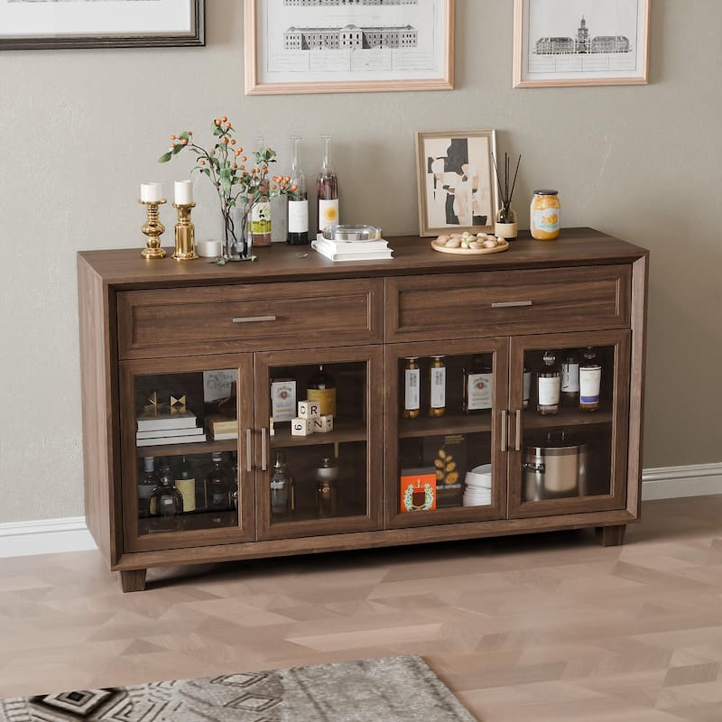 Glass Storage Cabinet with Doors,TV Stand for Living Room,Pantry,Brown/White - Retro dark brown