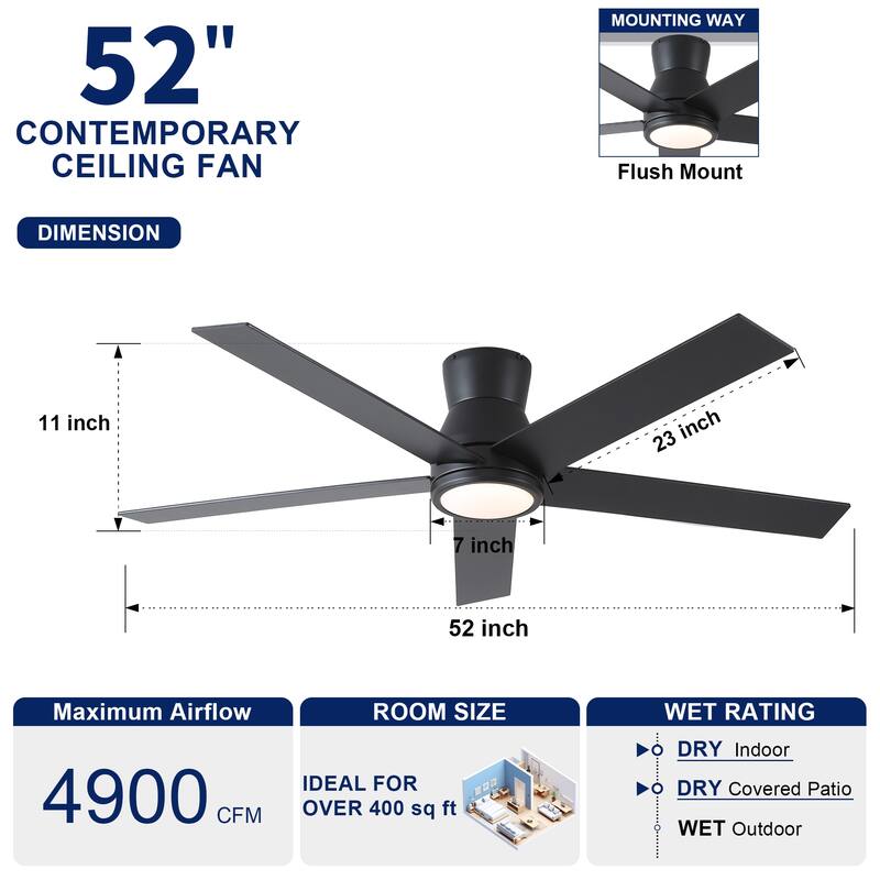 YUHAO AeroLite 48 in. Indoor White Low Profile Standard Ceiling Fan with Bright White Integrated LED Light Kit, Remote Included
