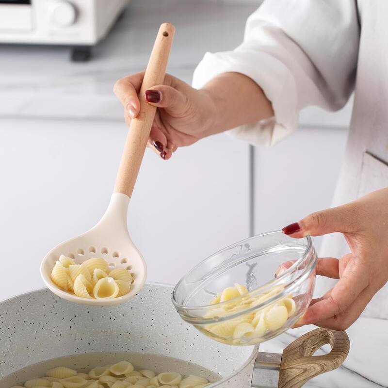 Country Kitchen Non Stick Silicone Utensil Set with Rounded Wood Handles for Cooking and Baking, 14 Piece Set