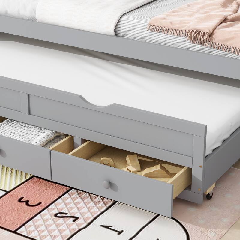 Twin Size Bed Frame with Trundle, Storage Drawers, Headboard and Footboard, Space-Saving Pine Wood Design for Small Bedrooms