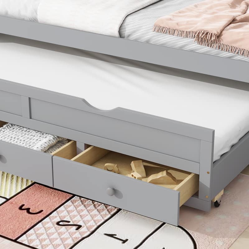 Twin Size Pine Wood Bed Kids Daybed Storage Bed with Trundle Bed, 3 Storage Drawers, Headboard and Footboard for Children's Room