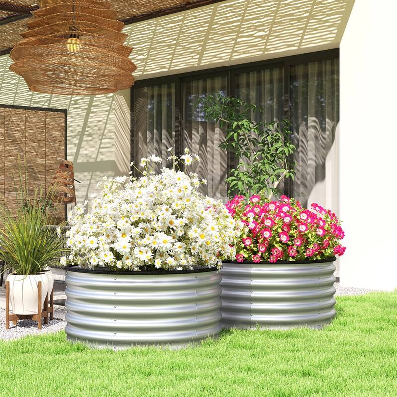 Silver Galvanized Steel Raised Garden Beds Set of 2 with Drainage - 35.5" Dia x 17" H