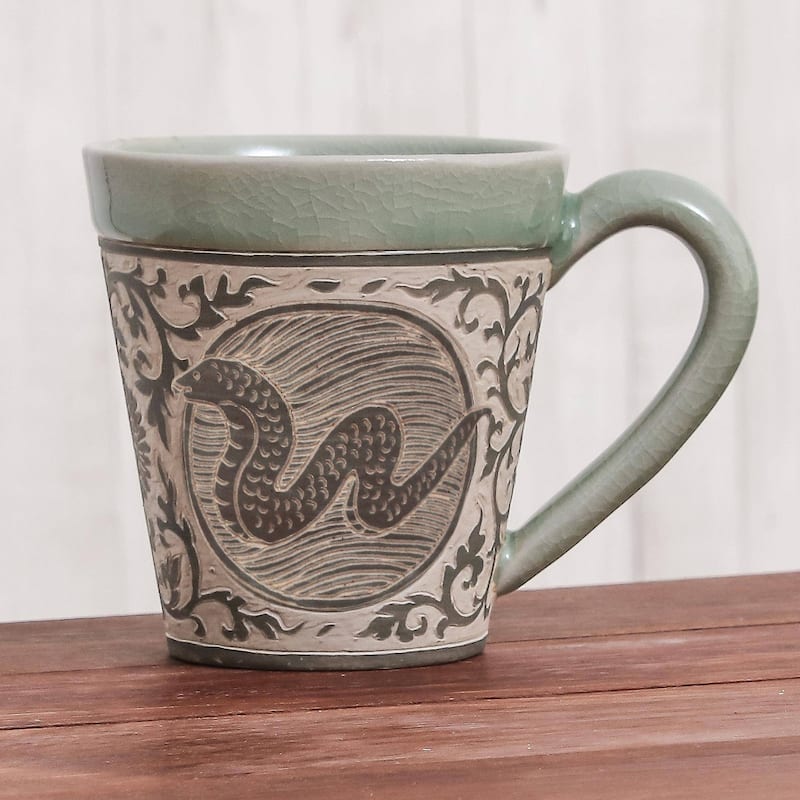 Handmade Thai Zodiac Snake Celadon ceramic mug (Thailand)