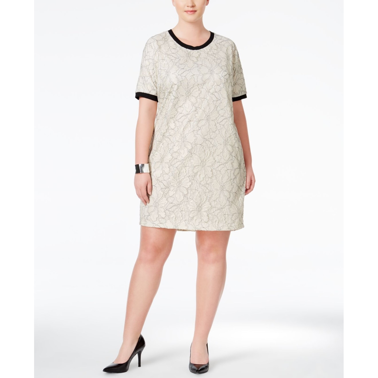 beige shift dress with sleeves