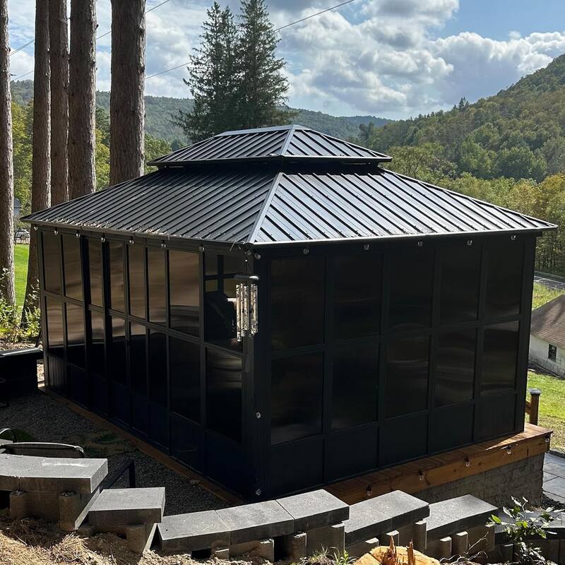 PURPLE LEAF Double Top Sunroom Outdoor Grey All-Weather Screen House Patio Hardtop Gazebo