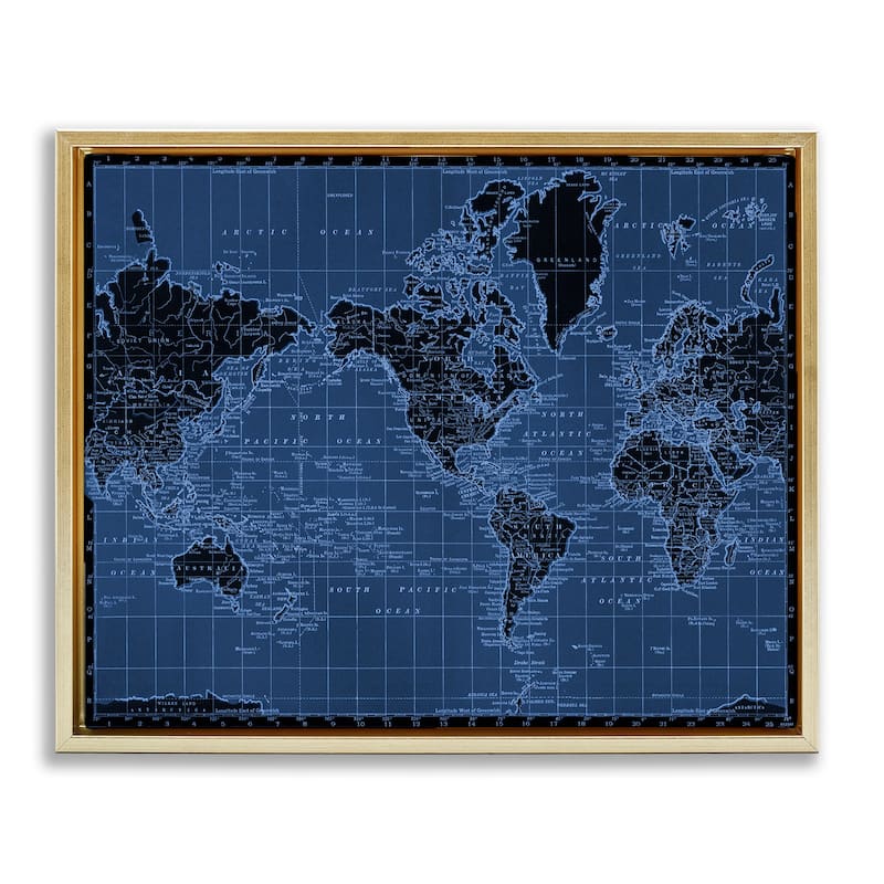 Stupell Blue Toned World Map Framed Floater Canvas Wall Art Design By Phillipa Katz - 31 x 25 - Gold