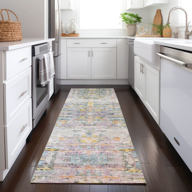 Machine Washable Indoor/ Outdoor Abstract Modern Chantille Rug - Linen - 2'3" x 7'6"