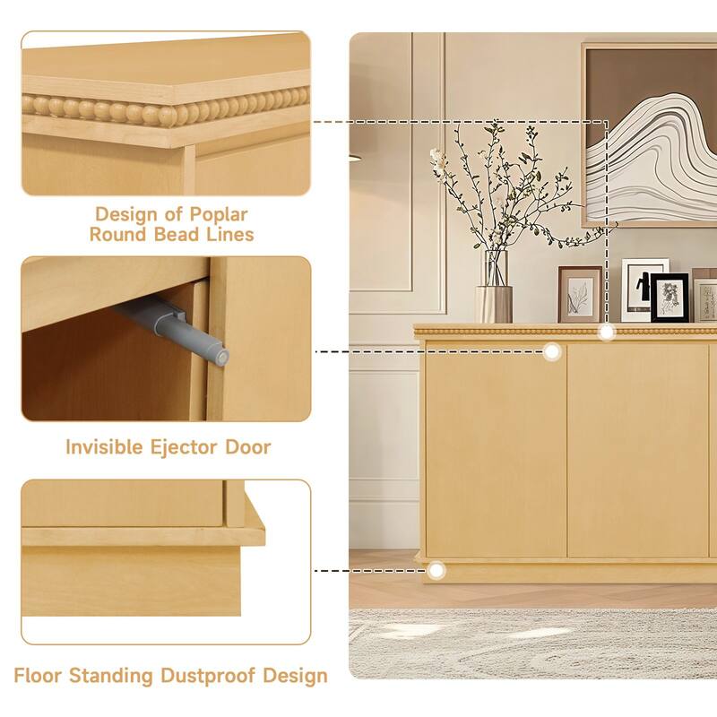 Classic Wooden Sideboard with Beaded Trim, Push-to-Open Doors & Adjustable Shelves for Storage