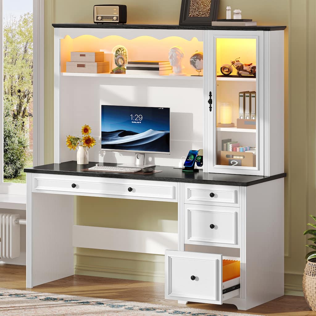 Moasis Farmhouse Executive Office Desk LED Computer Desk with Drawers and Storage Cabinet