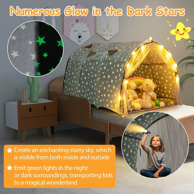 Grey Flannel Kids Bed Tent with Glow Stars, Mesh Curtains and Playhouse Decor - 54" x 40" x 32" (L x W x H)