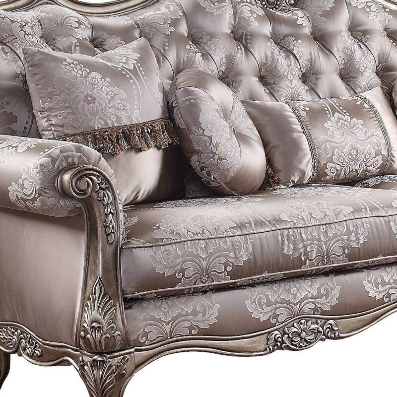 HomeRoots 94" Dark Gray Imitation Silk Damask Sofa And Toss Pillows With Champagne Legs - 94