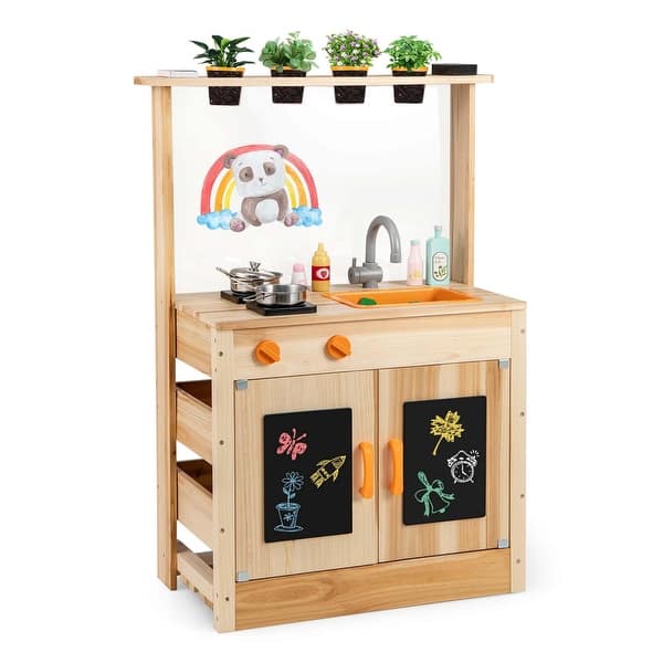 slide 2 of 10, Costway Mud Kitchen for Kids with Planting Pots Stovetops Removable - See Details Natural - See Details
