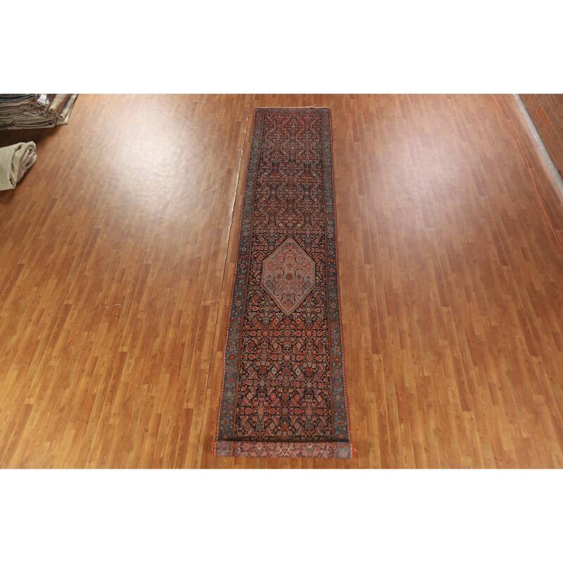 Hand Knotted Oriental 100% Wool Carpet Traditional Geometric Navy Blue & Blues Bidjar Runner Rug - 19' 6'' X 3' 5''