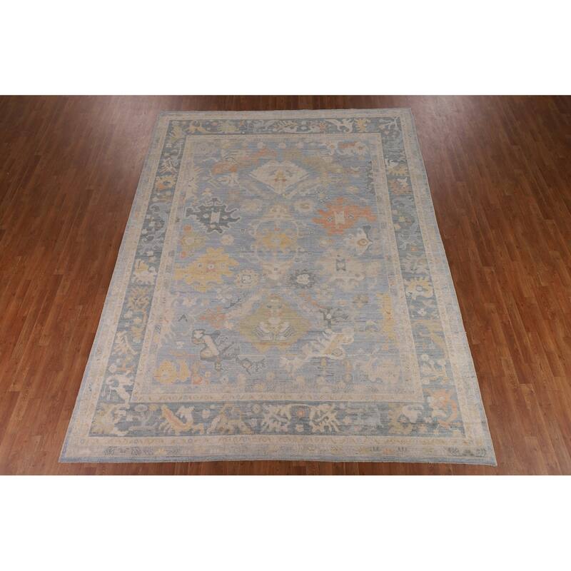 Blue Oushak Turkish Rug Handmade Vegetable Dye Wool Carpet - 9'3"x 11'11"