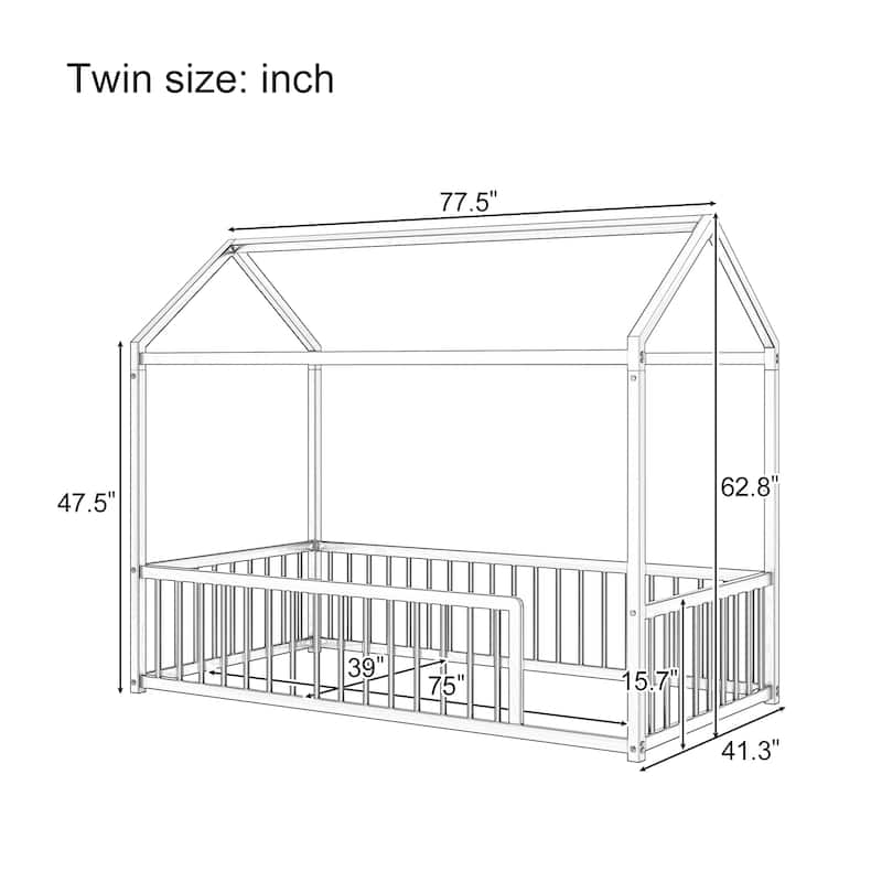 Montessori Metal House Bed with Low Entry & 3-Side Fence by Harper&Bright Designs