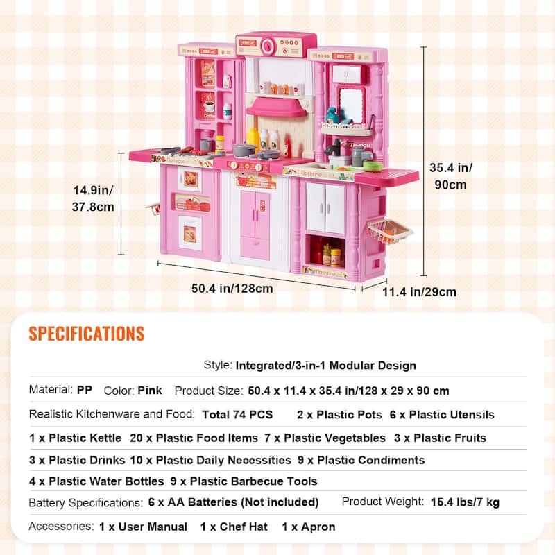 74 Piece 3-in-1 Pink Kids Kitchen Playset Toy Perfect for Group Play - 50" (L) x 11" (W) x 35" (H)