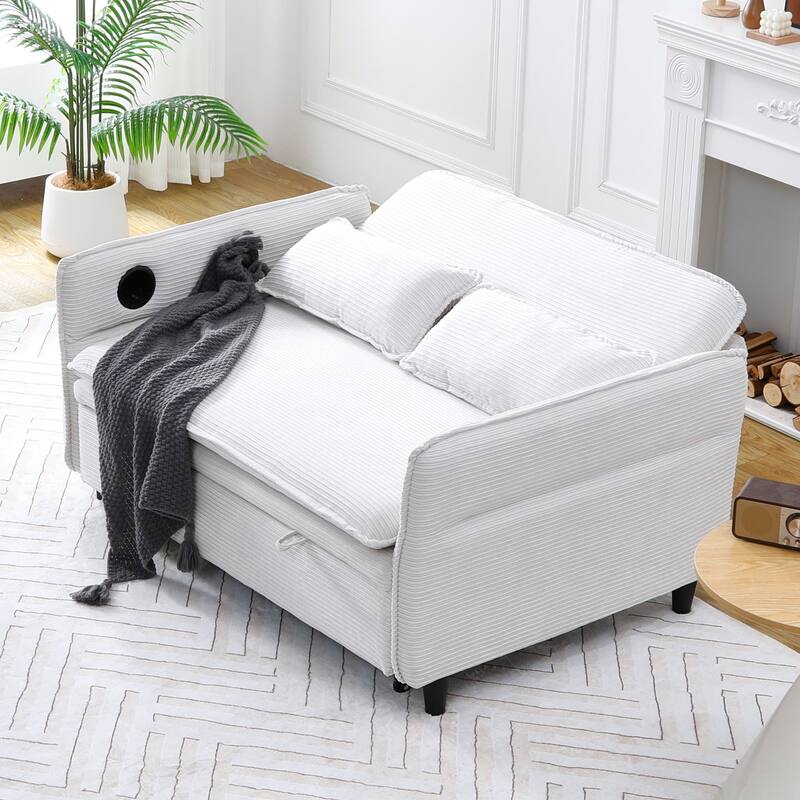 65.74-inch Beige Corduroy Multi-functional Sofa Bed with Adjustable Armrests and Backrests