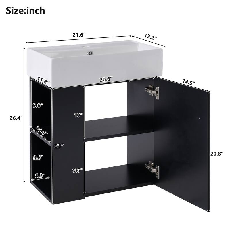 Floating Bathroom Vanity Cabinet with Sink & Left Side Storage, Black - 21.6 Inch