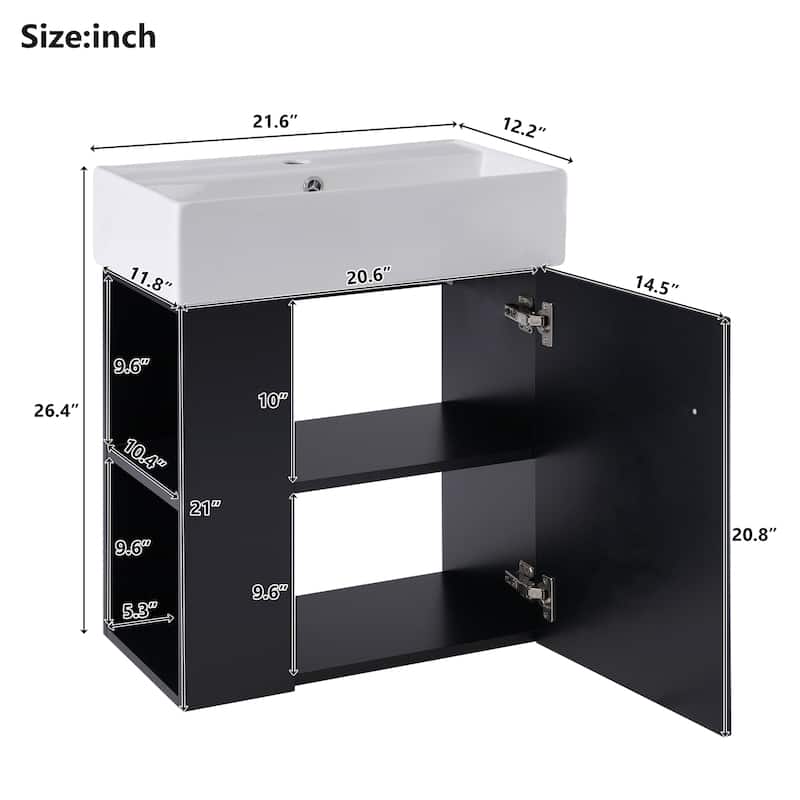 Roomfitters 21.6 Inch Modern Floating Bathroom Vanity with Ceramic Basin, Left Side Storage Cabinet & Open Shelves
