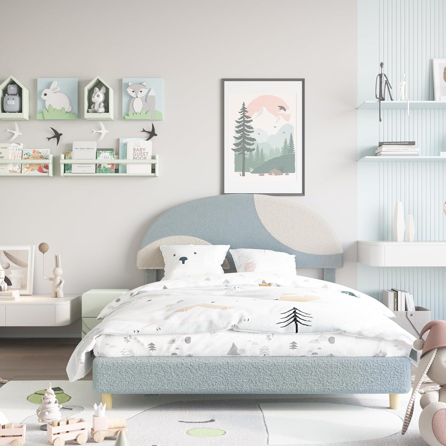 Twin Bed Frame with Boucle Arch Headboard, Soft White Upholstery, Kids Slat Bed, Easy Assembly