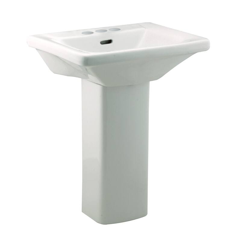 White Child Bathroom Pedestal Sink Faucet Holes with 4" Center Set Faucet, Drain With Overflow and P trap