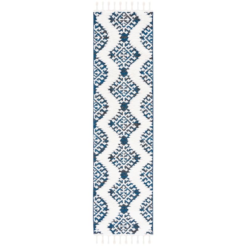 SAFAVIEH Moroccan Tassel Shag Berneice Boho Tribal 2-inch Thick - 2' 3" x 8' - Navy/Ivory