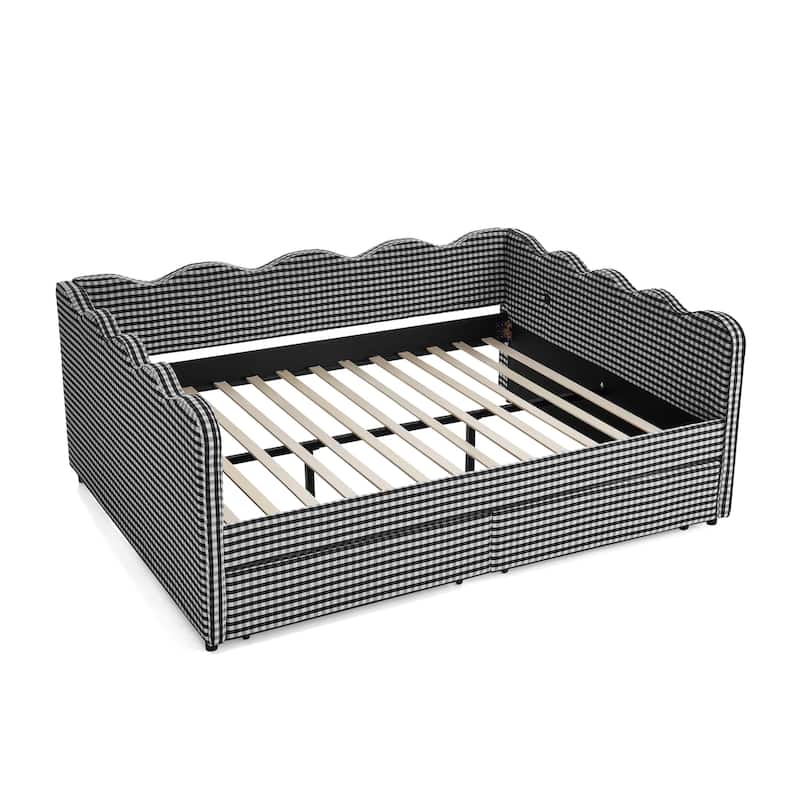 Full/Queen Gingham Daybed with 2 Storage Drawers, USB Port & Wave Shaped Linen Fabric