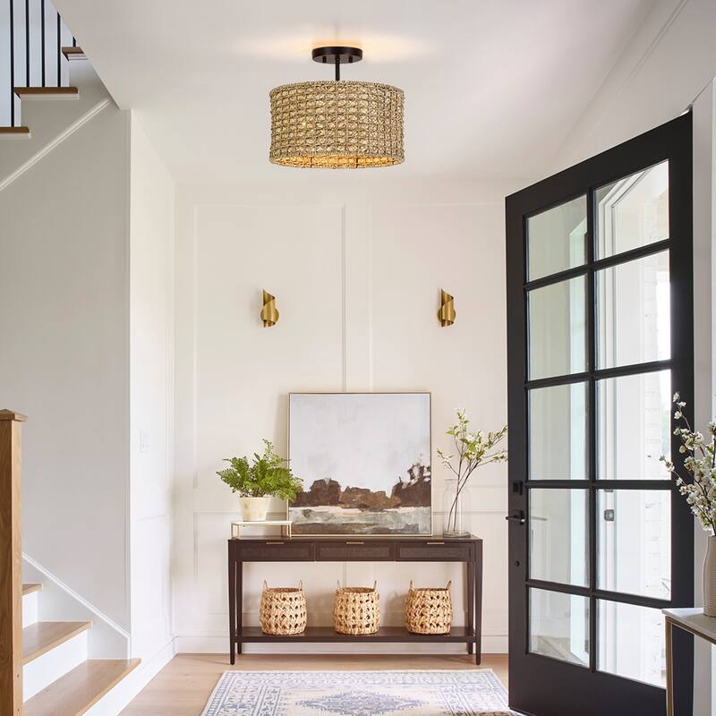 13.6 in. 2-Light Natural Rattan Semi-Flush Mount Ceiling Light with Black Canopy - Black/earthy - 13.6 in. W - 13.6 in. W
