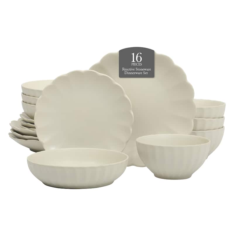 Gibson Elite Malibu Shore 16 Piece Scallop Stoneware Reactive Glaze (Service for 4) Ceramic Plates and Bowls Dinnerware Set