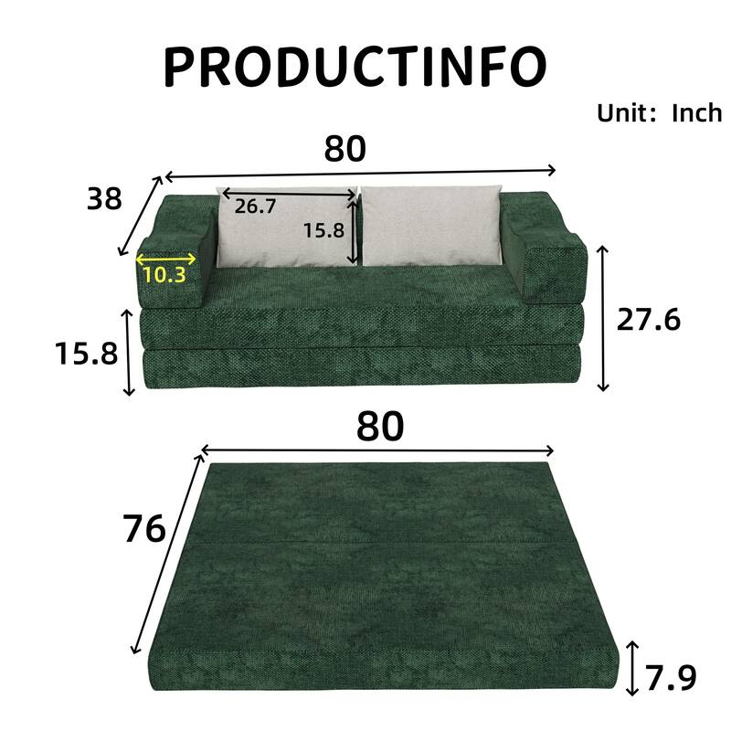 80" Convertible Couch Bed with Removable Cushions and Pillows, 3-Seat Folding Floor Couch & King Size Bed Mattress