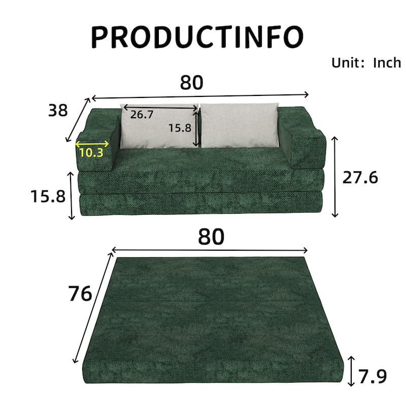 80" Convertible Sofa Bed with 2 Pillows, 2-Seat Folding Floor Couch, Multifunctional Chenille Loveseat Living Room Sleeper Sofa